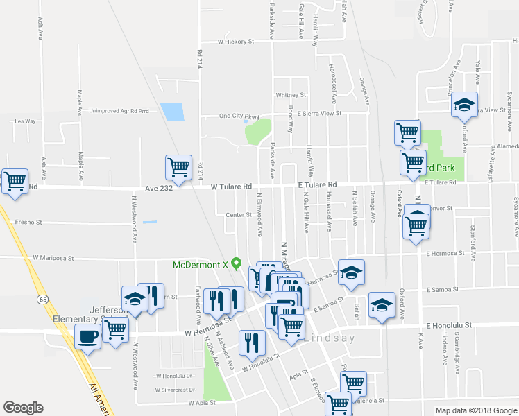 map of restaurants, bars, coffee shops, grocery stores, and more near 619 North Elmwood Avenue in Lindsay