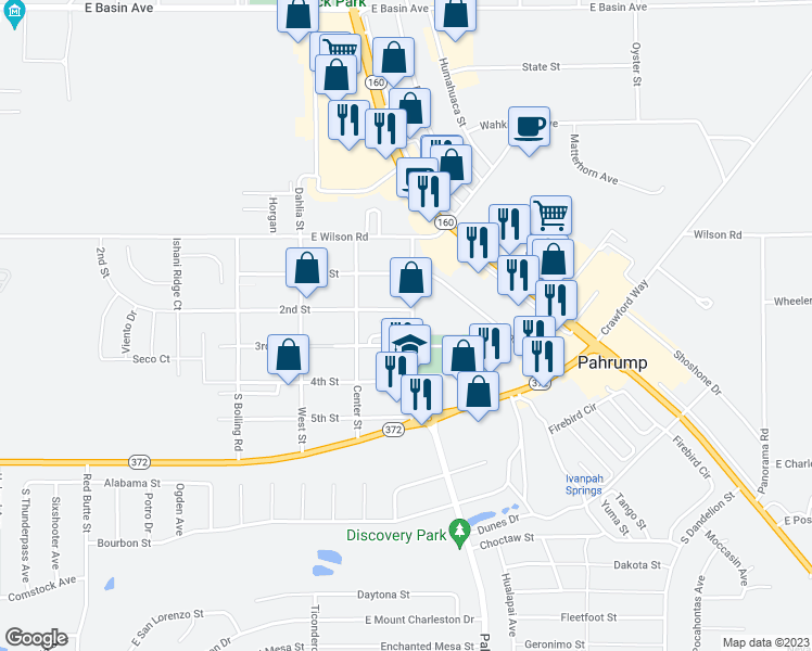 map of restaurants, bars, coffee shops, grocery stores, and more near 680 East Street in Pahrump
