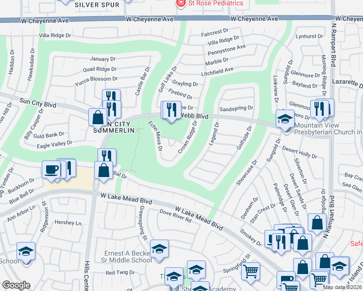 map of restaurants, bars, coffee shops, grocery stores, and more near 2709 Crown Ridge Drive in Las Vegas