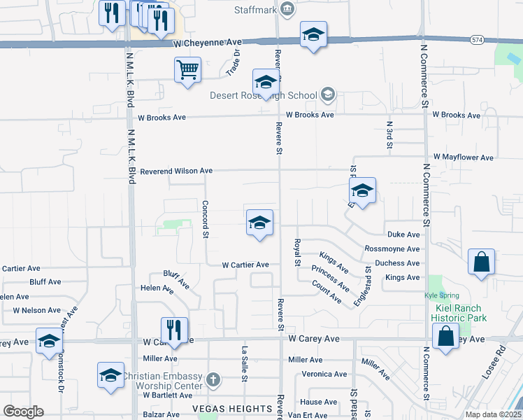map of restaurants, bars, coffee shops, grocery stores, and more near Duquesne Avenue in North Las Vegas