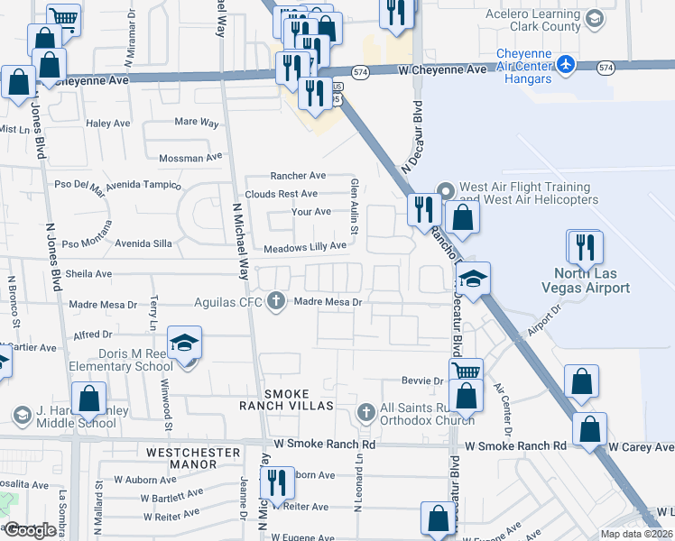 map of restaurants, bars, coffee shops, grocery stores, and more near 5212 El Pescador Avenue in Las Vegas