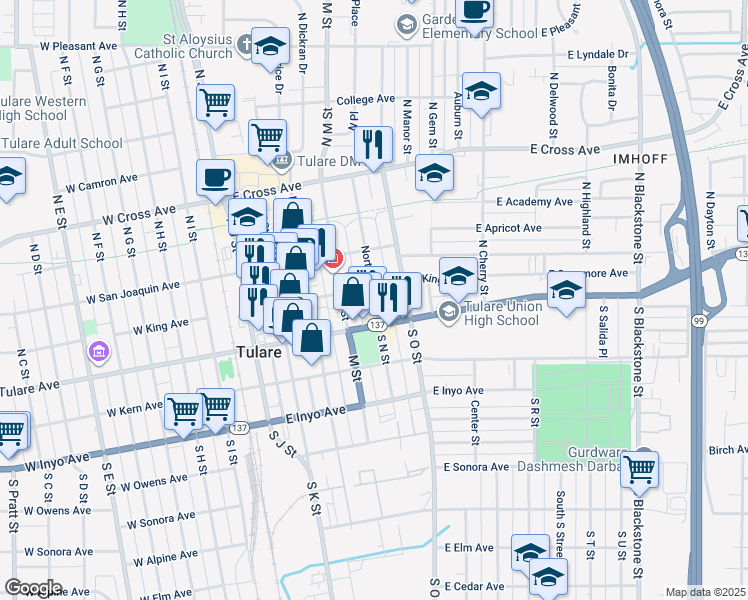 map of restaurants, bars, coffee shops, grocery stores, and more near 432 East King Avenue in Tulare