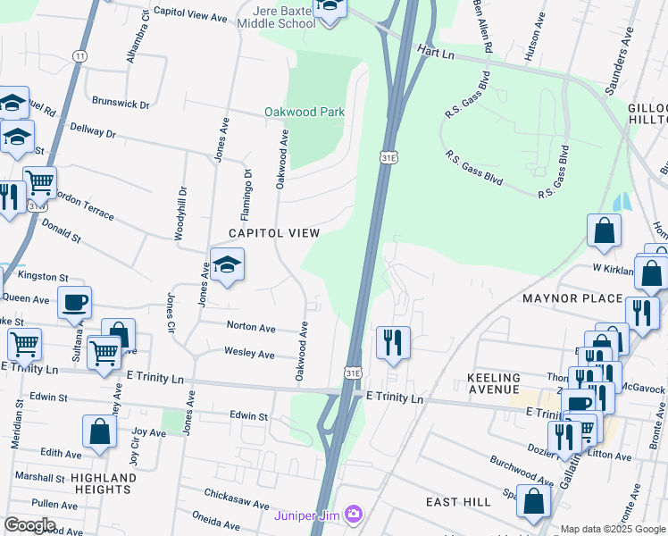 map of restaurants, bars, coffee shops, grocery stores, and more near 2557 Slaydon Drive in Nashville