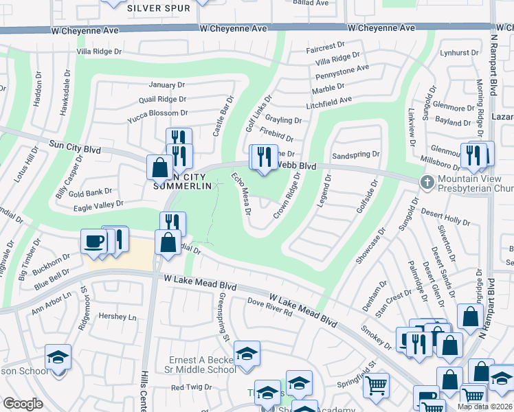 map of restaurants, bars, coffee shops, grocery stores, and more near 2713 Copper Mesa Drive in Las Vegas