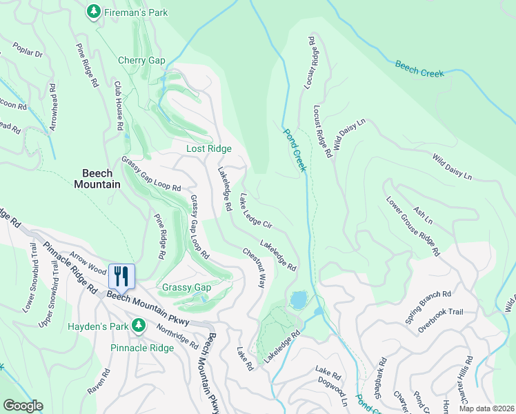 map of restaurants, bars, coffee shops, grocery stores, and more near 100 Bluebird Court in Beech Mountain