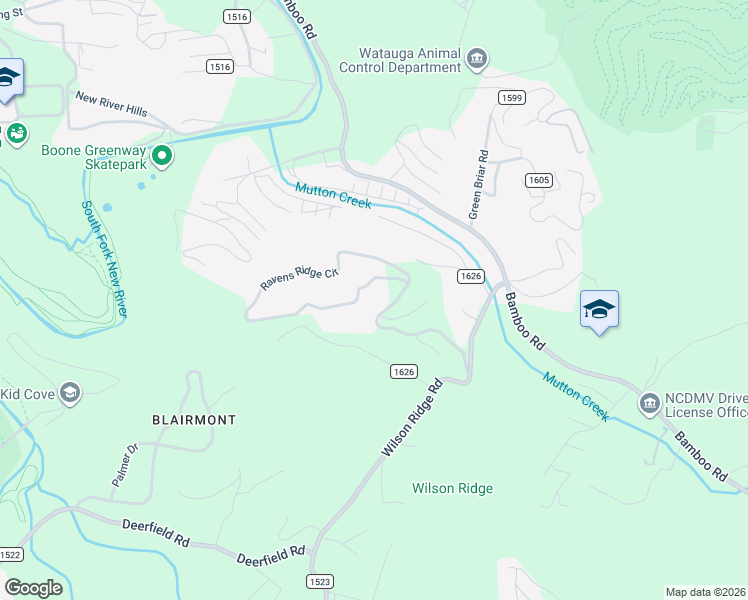 map of restaurants, bars, coffee shops, grocery stores, and more near 1354 Ravens Ridge Circle in Boone