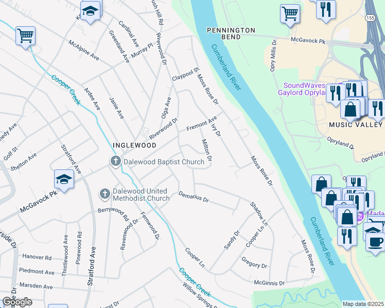 map of restaurants, bars, coffee shops, grocery stores, and more near 2106 Avalon Drive in Nashville