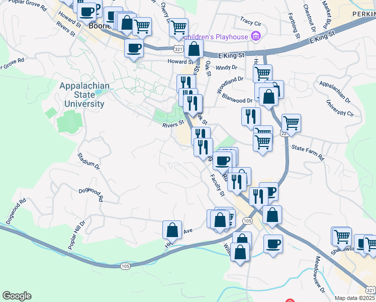 map of restaurants, bars, coffee shops, grocery stores, and more near 120 Faculty Street in Boone