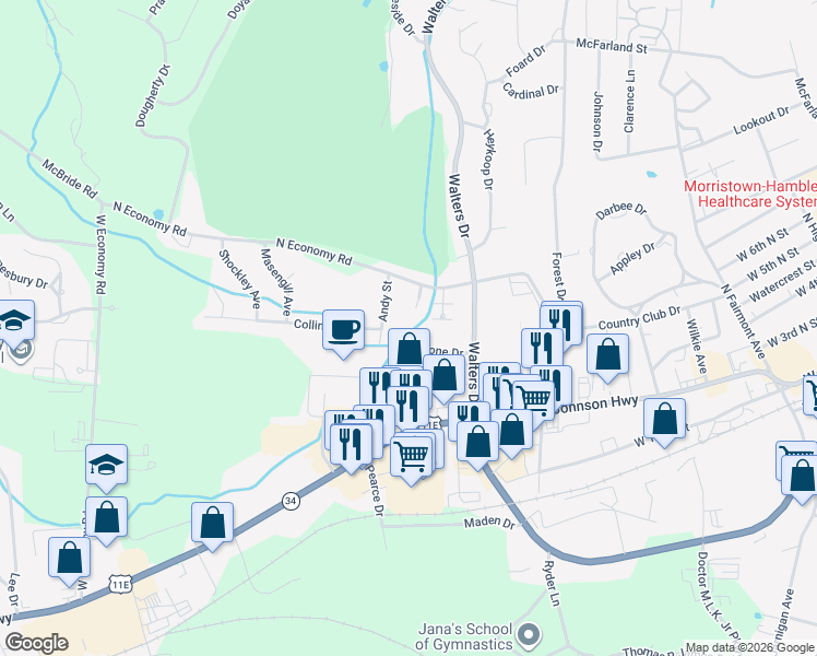 map of restaurants, bars, coffee shops, grocery stores, and more near 2035 North Economy Road in Morristown