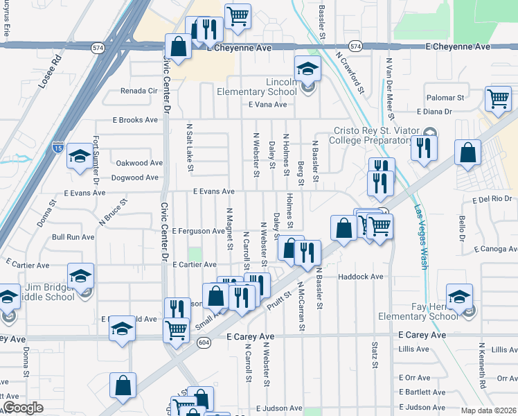 map of restaurants, bars, coffee shops, grocery stores, and more near 2725 North Webster Street in North Las Vegas