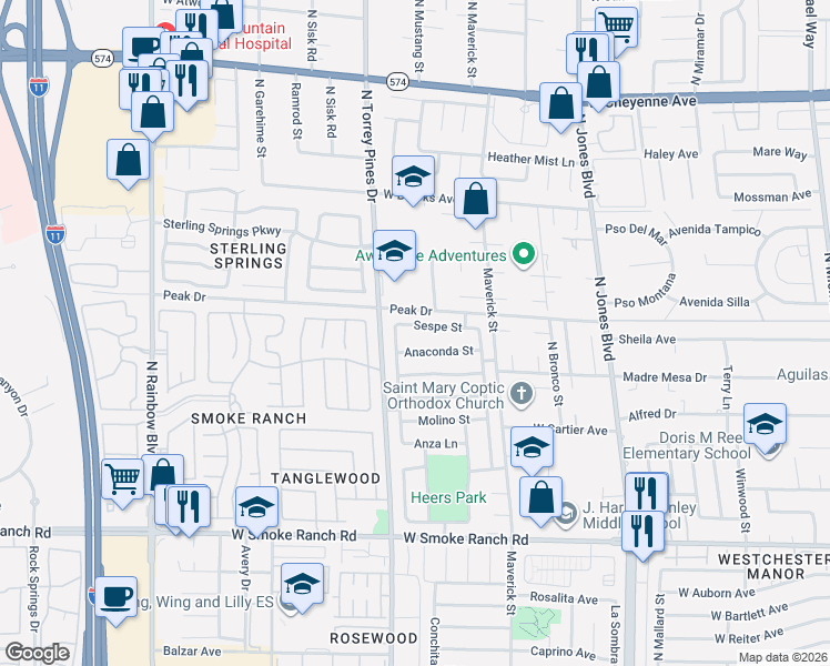 map of restaurants, bars, coffee shops, grocery stores, and more near 6308 Sespe Street in Las Vegas