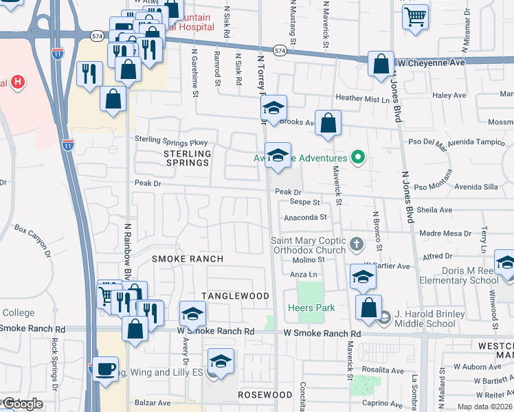 map of restaurants, bars, coffee shops, grocery stores, and more near 6415 Yarmouth Drive in Las Vegas