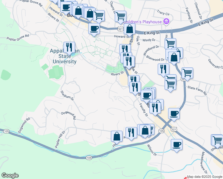 map of restaurants, bars, coffee shops, grocery stores, and more near 139 Whitener Drive in Boone