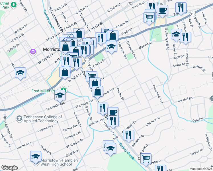 map of restaurants, bars, coffee shops, grocery stores, and more near 513 South Hill Street in Morristown