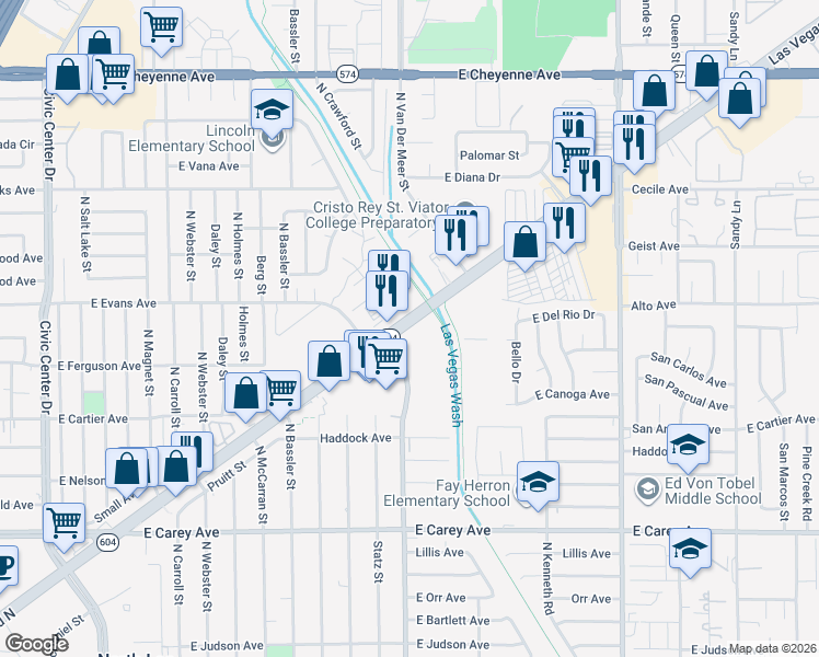 map of restaurants, bars, coffee shops, grocery stores, and more near 2732 Berg Street in North Las Vegas