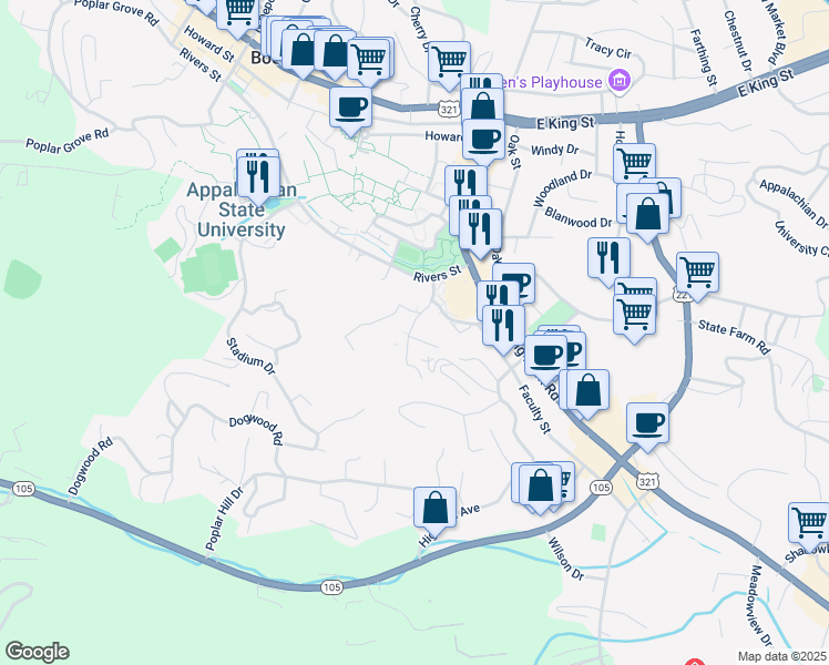 map of restaurants, bars, coffee shops, grocery stores, and more near 209 Hill Street in Boone