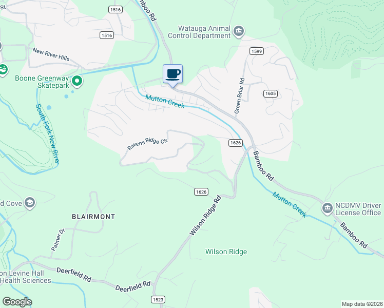 map of restaurants, bars, coffee shops, grocery stores, and more near 1408 Ravens Ridge Circle in Boone