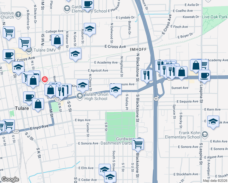 map of restaurants, bars, coffee shops, grocery stores, and more near 955 East Tulare Avenue in Tulare