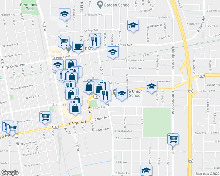 map of restaurants, bars, coffee shops, grocery stores, and more near 135 North Madden Street in Tulare