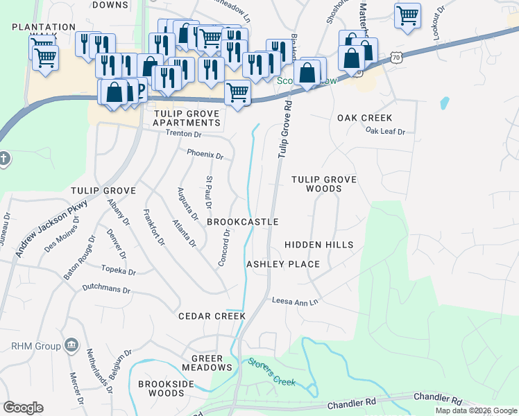 map of restaurants, bars, coffee shops, grocery stores, and more near 176 Brooke Castle Drive in Nashville