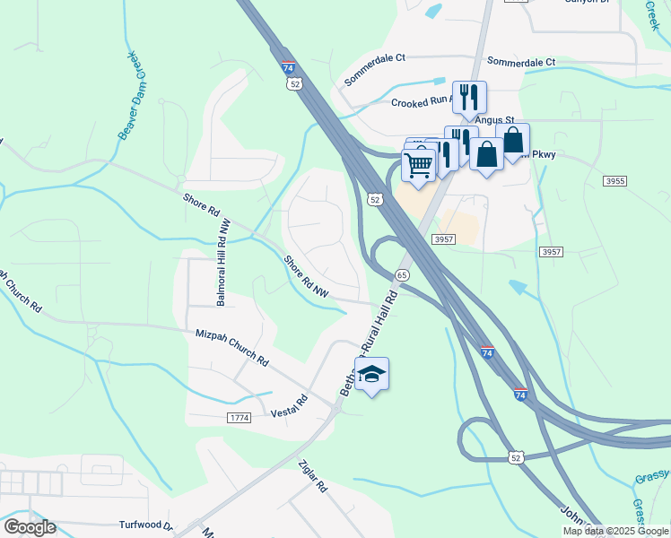 map of restaurants, bars, coffee shops, grocery stores, and more near 1119 Stella Court in Rural Hall