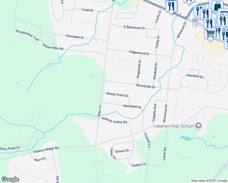 map of restaurants, bars, coffee shops, grocery stores, and more near 1628 Woodside Drive in Lebanon