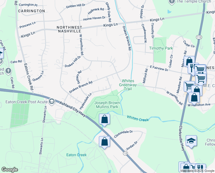 map of restaurants, bars, coffee shops, grocery stores, and more near 4313 Drakewood Lane in Nashville