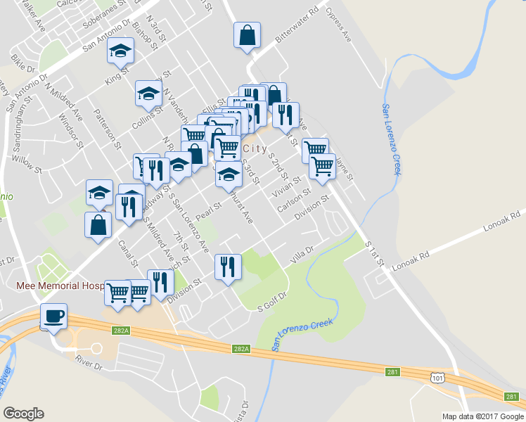 map of restaurants, bars, coffee shops, grocery stores, and more near 402 South 3rd Street in King City