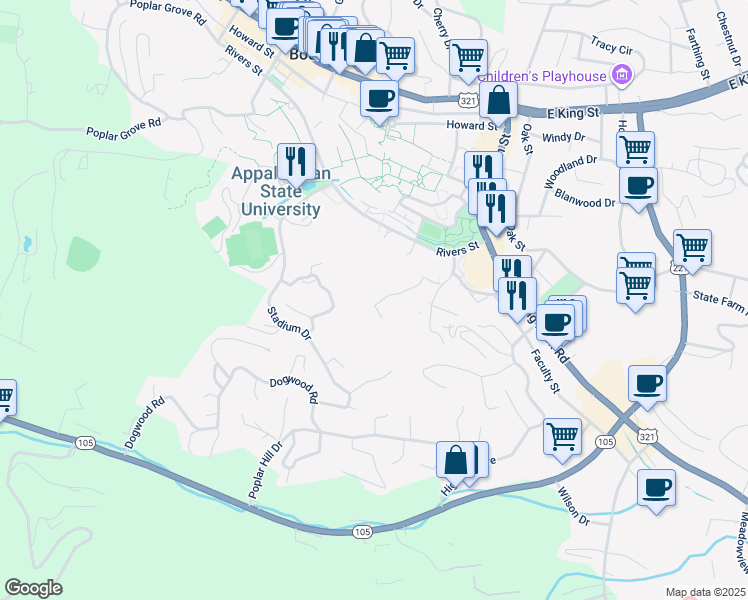map of restaurants, bars, coffee shops, grocery stores, and more near 312 Whitener Drive in Boone