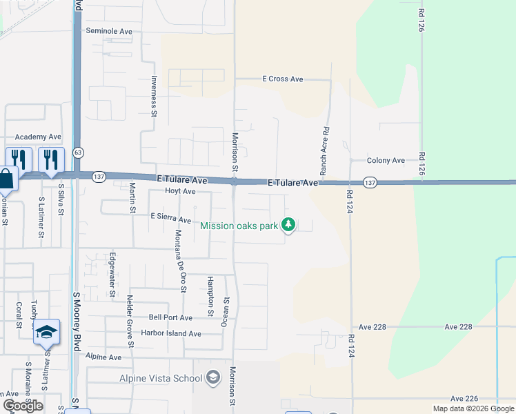 map of restaurants, bars, coffee shops, grocery stores, and more near 3023 Hoyt Pl in Tulare