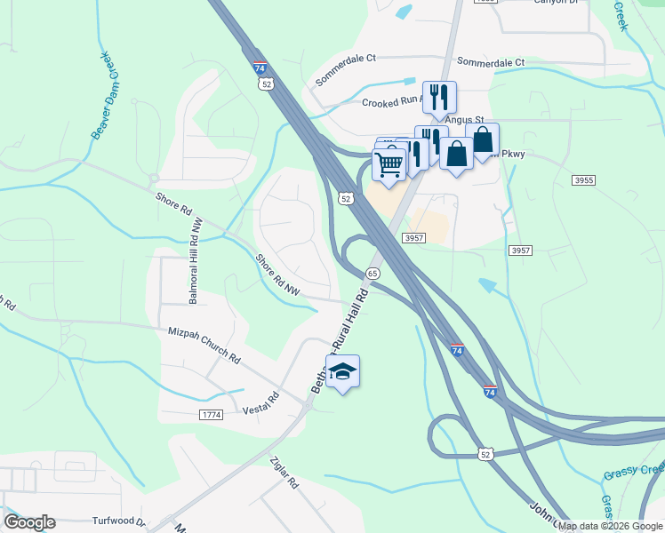 map of restaurants, bars, coffee shops, grocery stores, and more near 1290 Shore Road Northwest in Rural Hall
