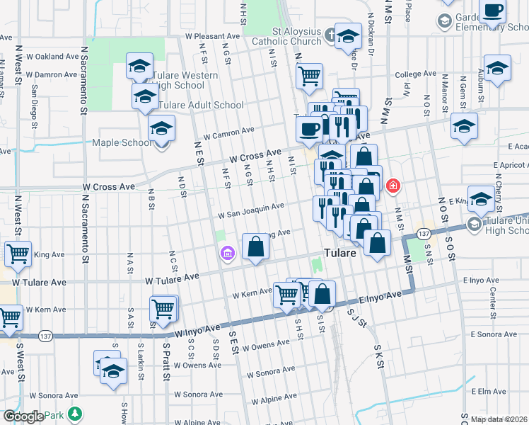 map of restaurants, bars, coffee shops, grocery stores, and more near 246 West San Joaquin Avenue in Tulare