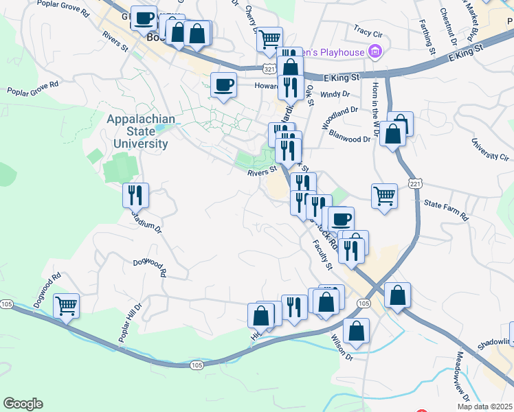 map of restaurants, bars, coffee shops, grocery stores, and more near Holmes Dr in Boone