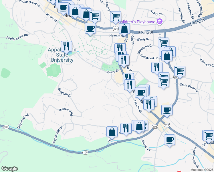 map of restaurants, bars, coffee shops, grocery stores, and more near 139 Whitener Drive in Boone