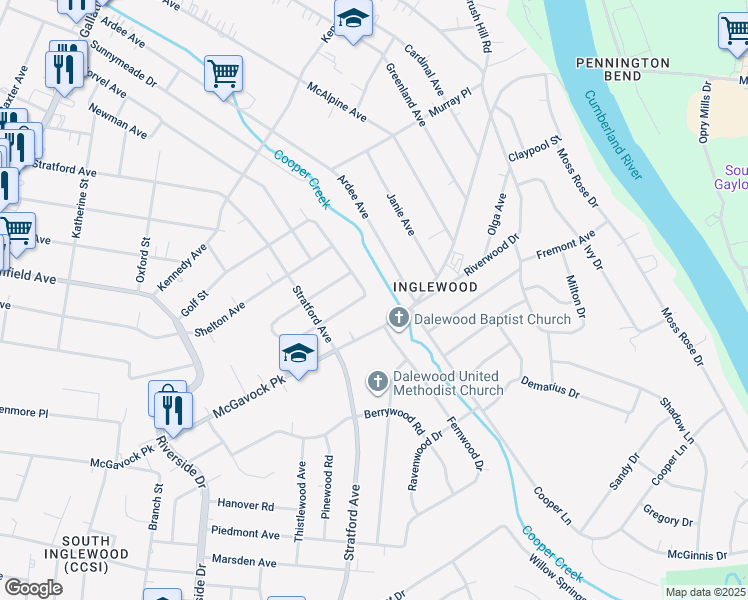 map of restaurants, bars, coffee shops, grocery stores, and more near 1709 Golf Street in Nashville