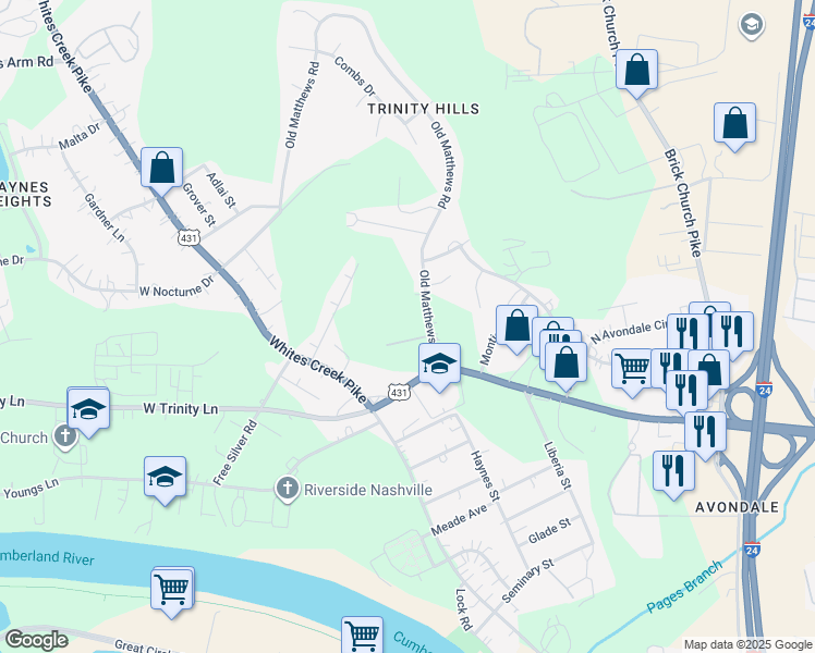 map of restaurants, bars, coffee shops, grocery stores, and more near 2209 Old Matthews Road in Nashville