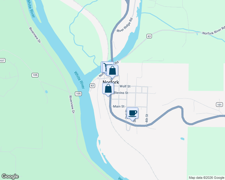 map of restaurants, bars, coffee shops, grocery stores, and more near 13784 Arkansas 5 in Norfork