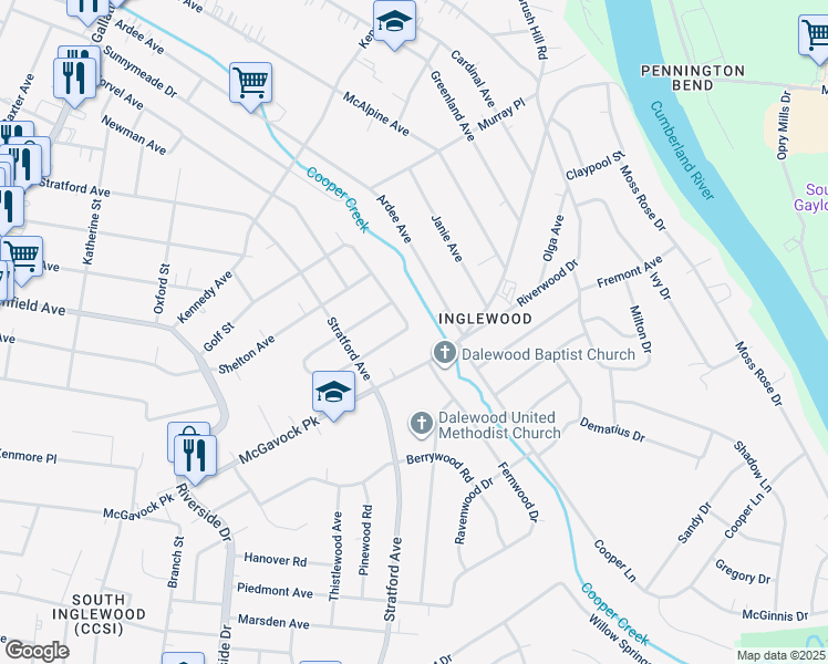 map of restaurants, bars, coffee shops, grocery stores, and more near 1709 Golf Street in Nashville