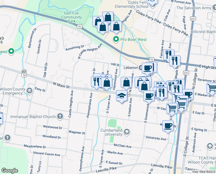 map of restaurants, bars, coffee shops, grocery stores, and more near 107 North Tarver Avenue in Lebanon