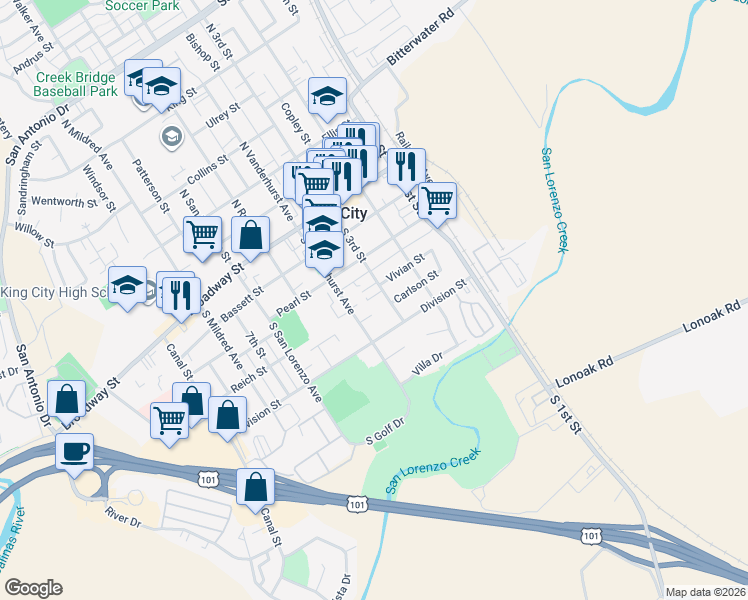 map of restaurants, bars, coffee shops, grocery stores, and more near 402 South 3rd Street in King City