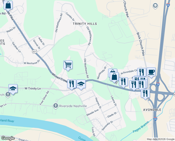 map of restaurants, bars, coffee shops, grocery stores, and more near 2209 Old Matthews Road in Nashville