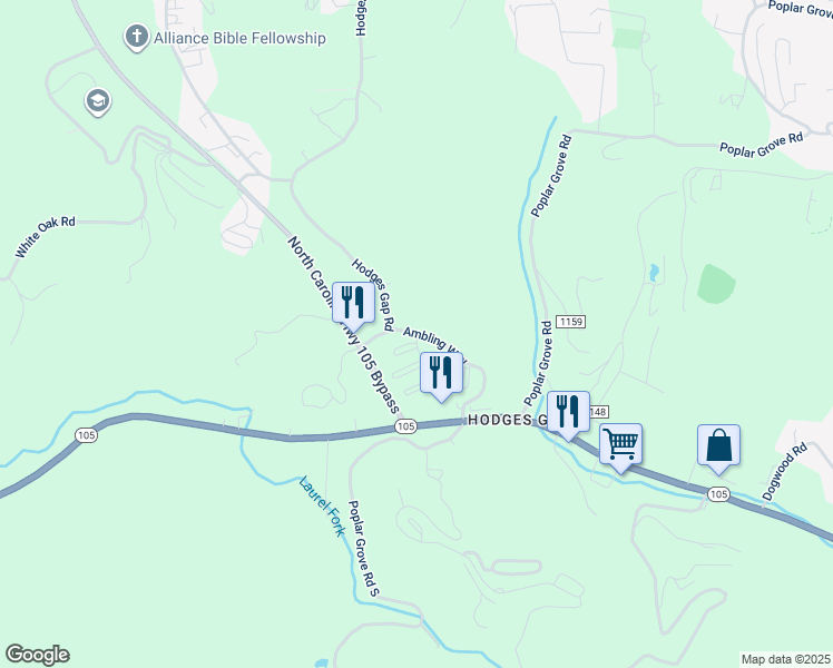 map of restaurants, bars, coffee shops, grocery stores, and more near 298 Ambling Way in Boone
