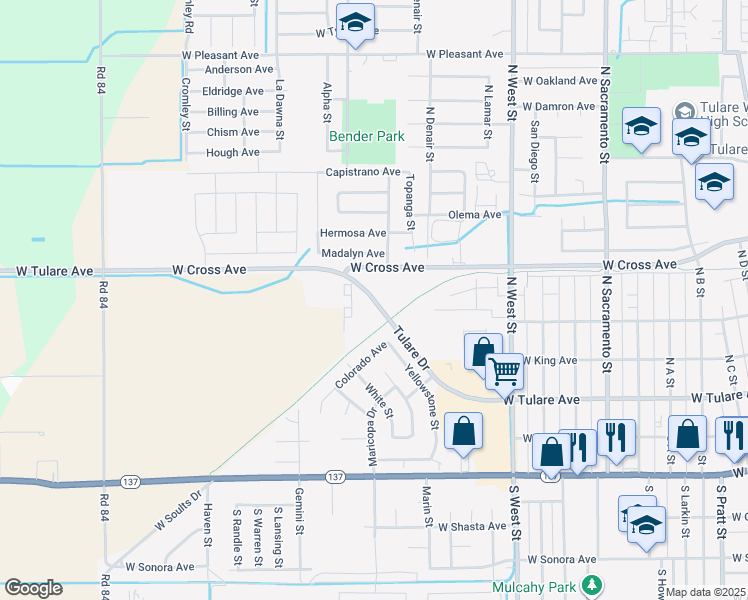 map of restaurants, bars, coffee shops, grocery stores, and more near West Tulare Avenue in Tulare County