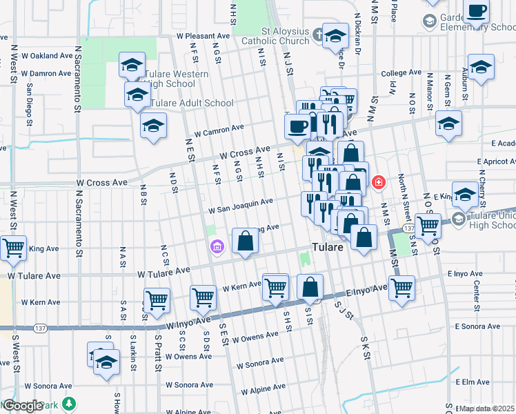 map of restaurants, bars, coffee shops, grocery stores, and more near 235 West San Joaquin Avenue in Tulare