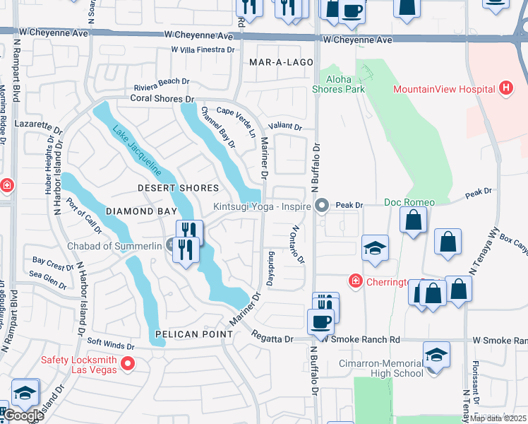 map of restaurants, bars, coffee shops, grocery stores, and more near Mariner Dr & Breakwater in Las Vegas