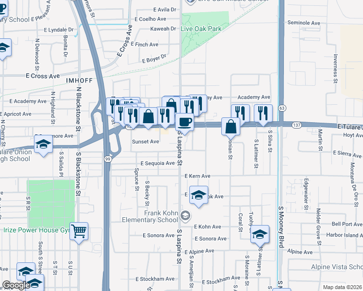 map of restaurants, bars, coffee shops, grocery stores, and more near 200 South Laspina Street in Tulare