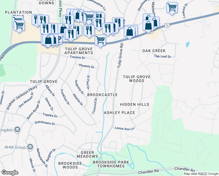 map of restaurants, bars, coffee shops, grocery stores, and more near 170 Brooke Castle Drive in Nashville