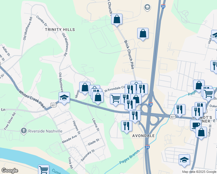 map of restaurants, bars, coffee shops, grocery stores, and more near 1231 North Avondale Circle in Nashville