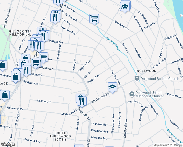 map of restaurants, bars, coffee shops, grocery stores, and more near 3518 Golf Street in Nashville