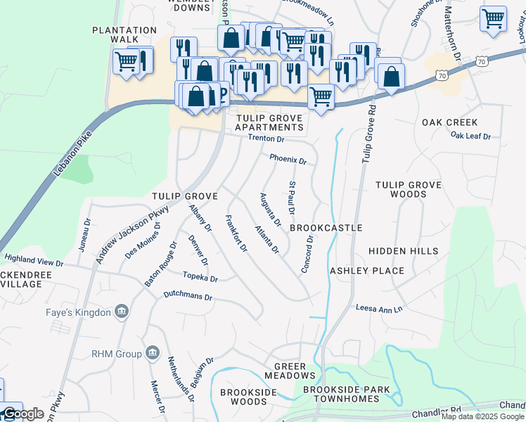 map of restaurants, bars, coffee shops, grocery stores, and more near 533 Augusta Drive in Nashville